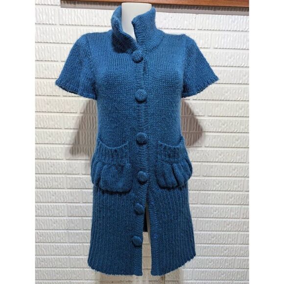 Pixie Women's Blue Short-Sleeve Button/Snap Front Long Sweater Cardigan Size S - Picture 1 of 8